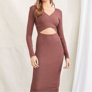 Brown sweater maxi dress with crossover cutout
